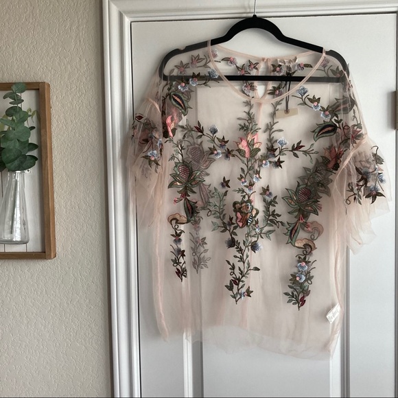Tops - sheer floral embroidered mesh top